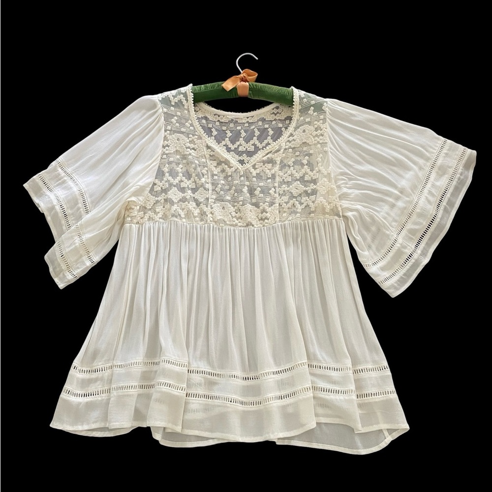 White Lace Yoke Peasant Blouse - Women's Top